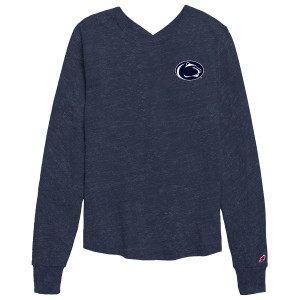 women's navy heather long sleeve t-shirt with Penn State Athletic Logo on left chest